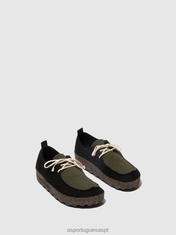 806V2106 bate-papo com sapatos de cadarço mulheres Asportuguesas preto/verde militar sapato